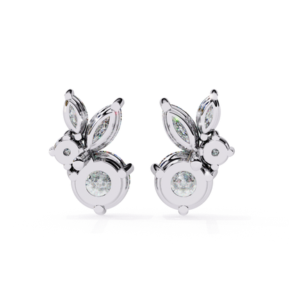 Timeless white gold stud earrings with a radiant round diamond at the center, encircled by marquise diamonds in a petal formation, offering a refined and elegant appearance.