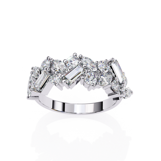 Elegant white gold ring featuring oval and rectangular diamonds.