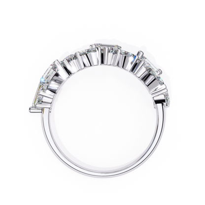 Side view of a sleek white gold ring featuring baguette diamonds