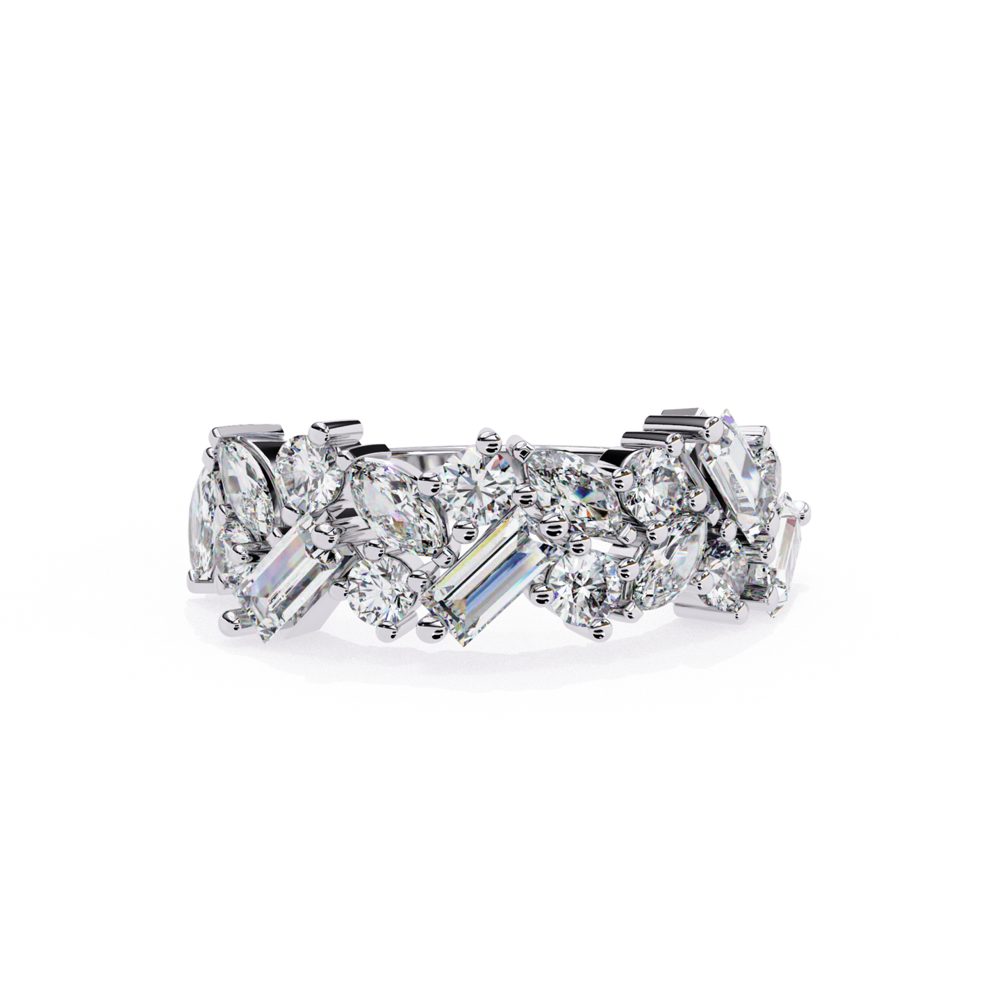 Diamond arrangement viewed from above, set in a white gold band.