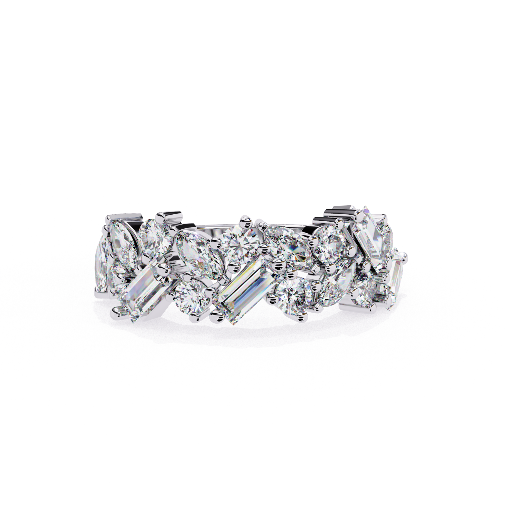 Diamond arrangement viewed from above, set in a white gold band.