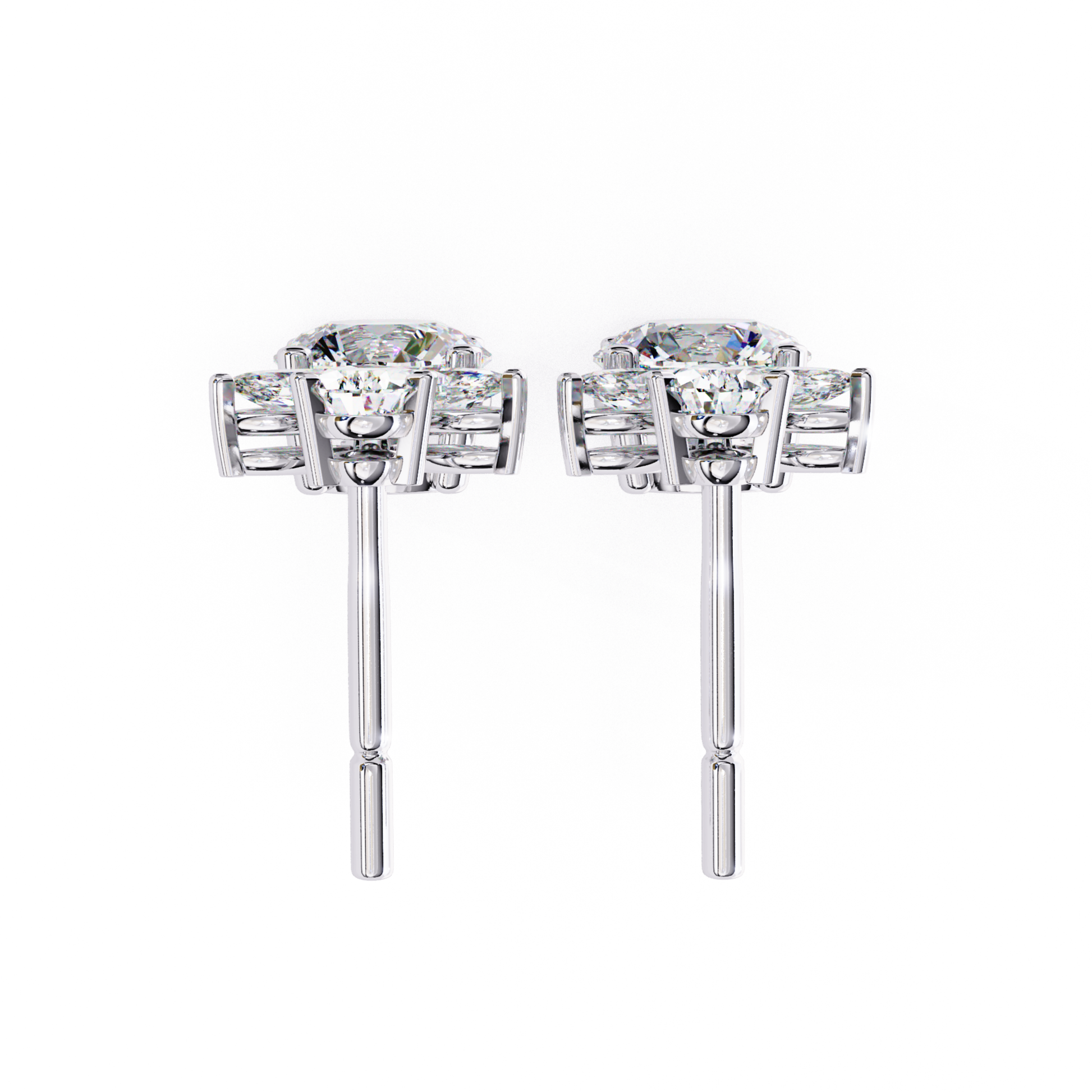 Sophisticated white gold stud earrings featuring a brilliant round diamond at the center, set in a delicate prong design for timeless elegance.