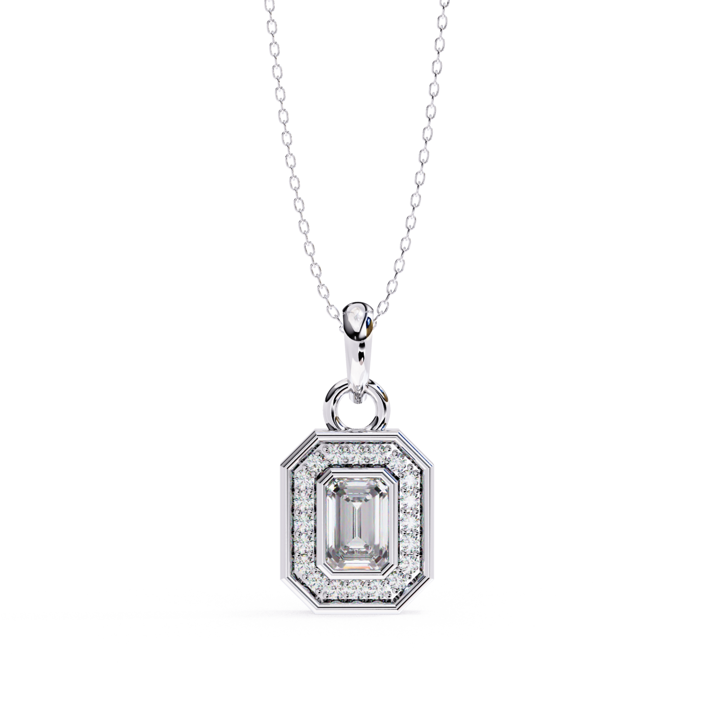White gold pendant showcasing an emerald cut diamond with a diamond halo.
