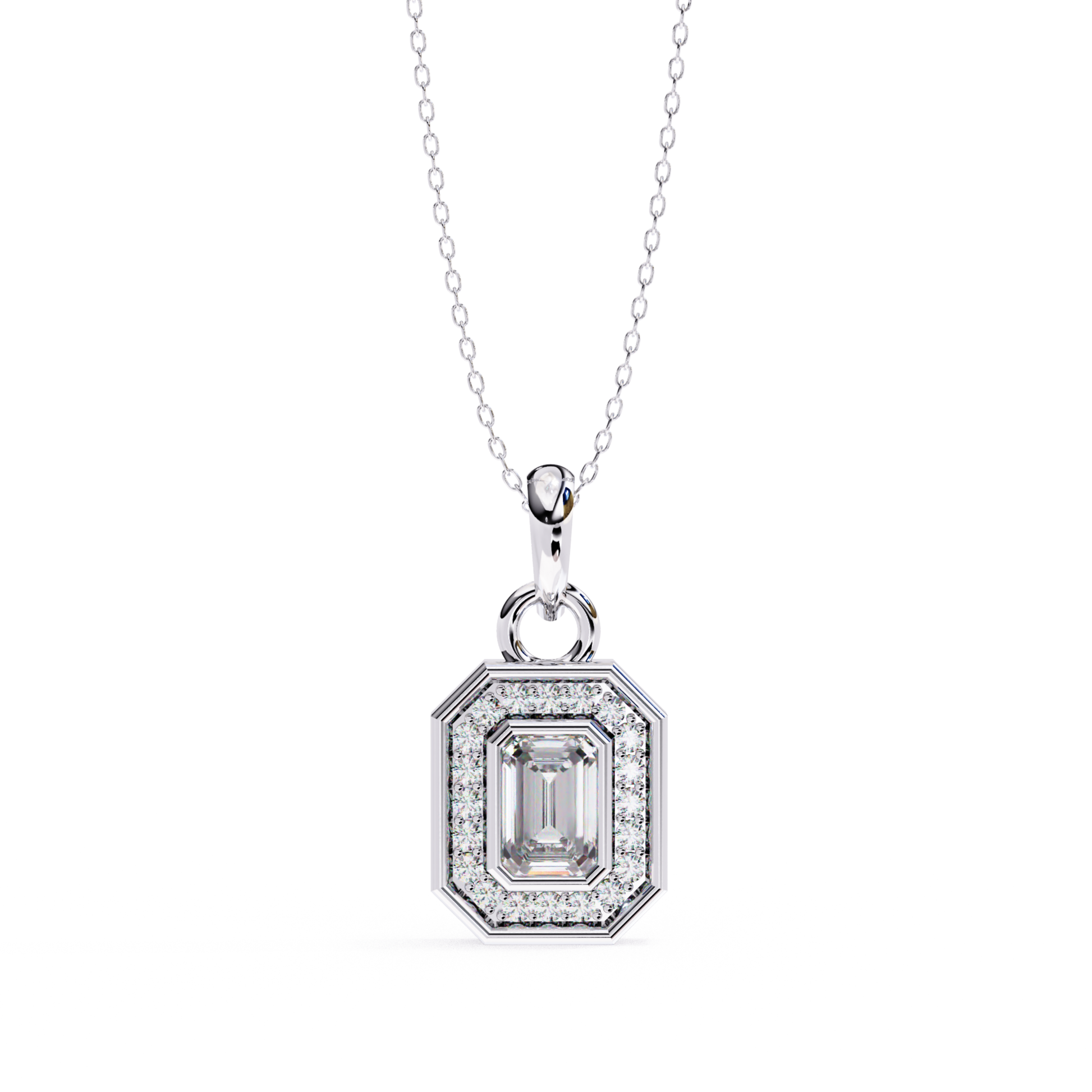 White gold pendant showcasing an emerald cut diamond with a diamond halo.