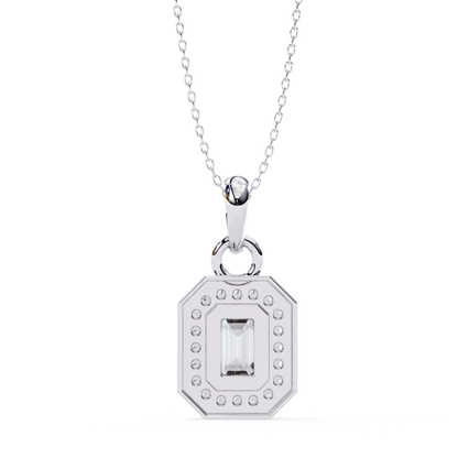 Rose gold pendant featuring an emerald cut diamond with a halo of smaller diamonds.