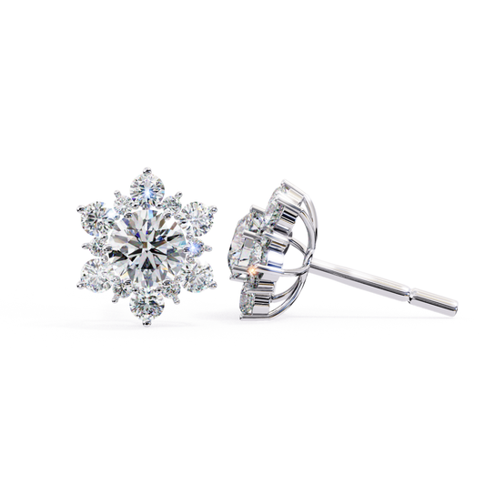 White gold flower cluster diamond stud earrings with round center