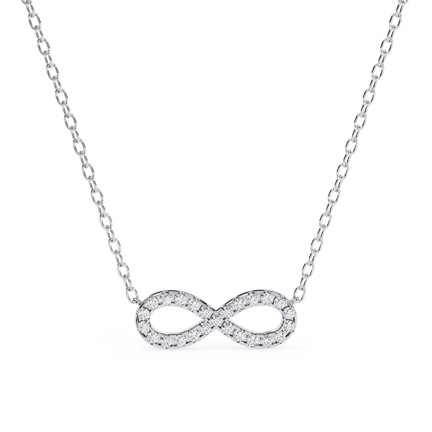 White gold necklace featuring an infinity-shaped pendant set with round diamonds.