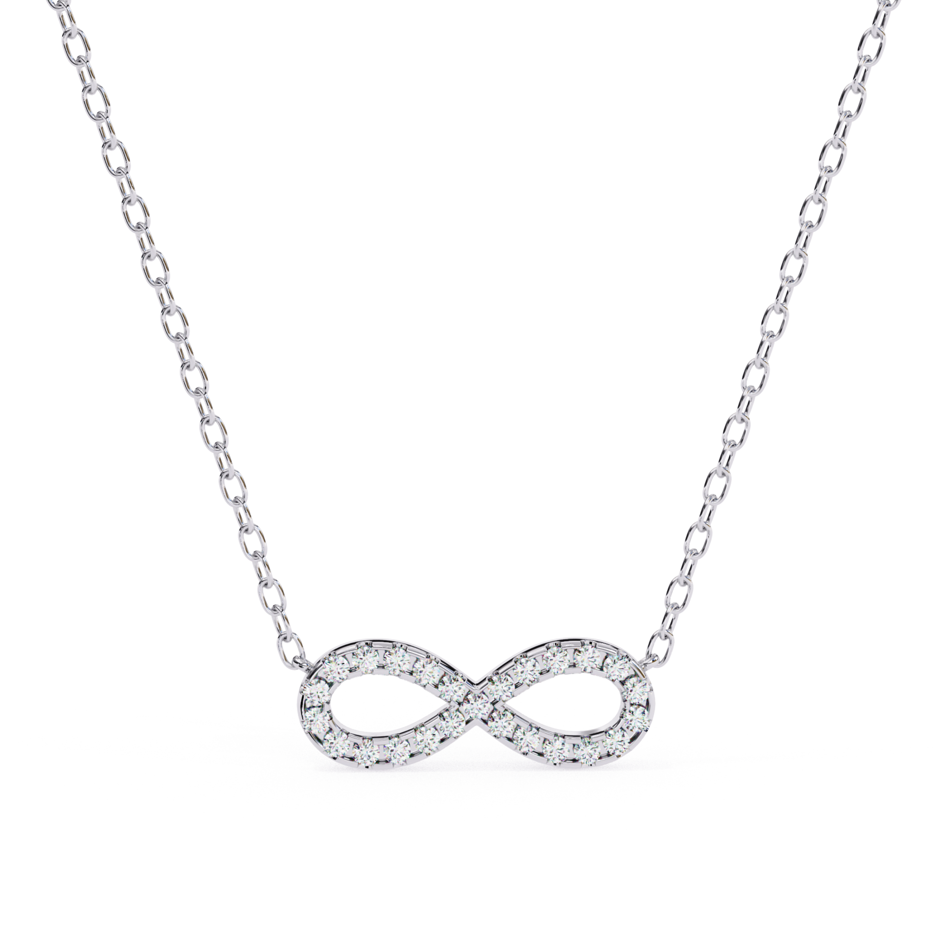 White gold necklace featuring an infinity-shaped pendant set with round diamonds.