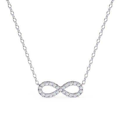 White gold necklace featuring an infinity-shaped pendant set with round diamonds.