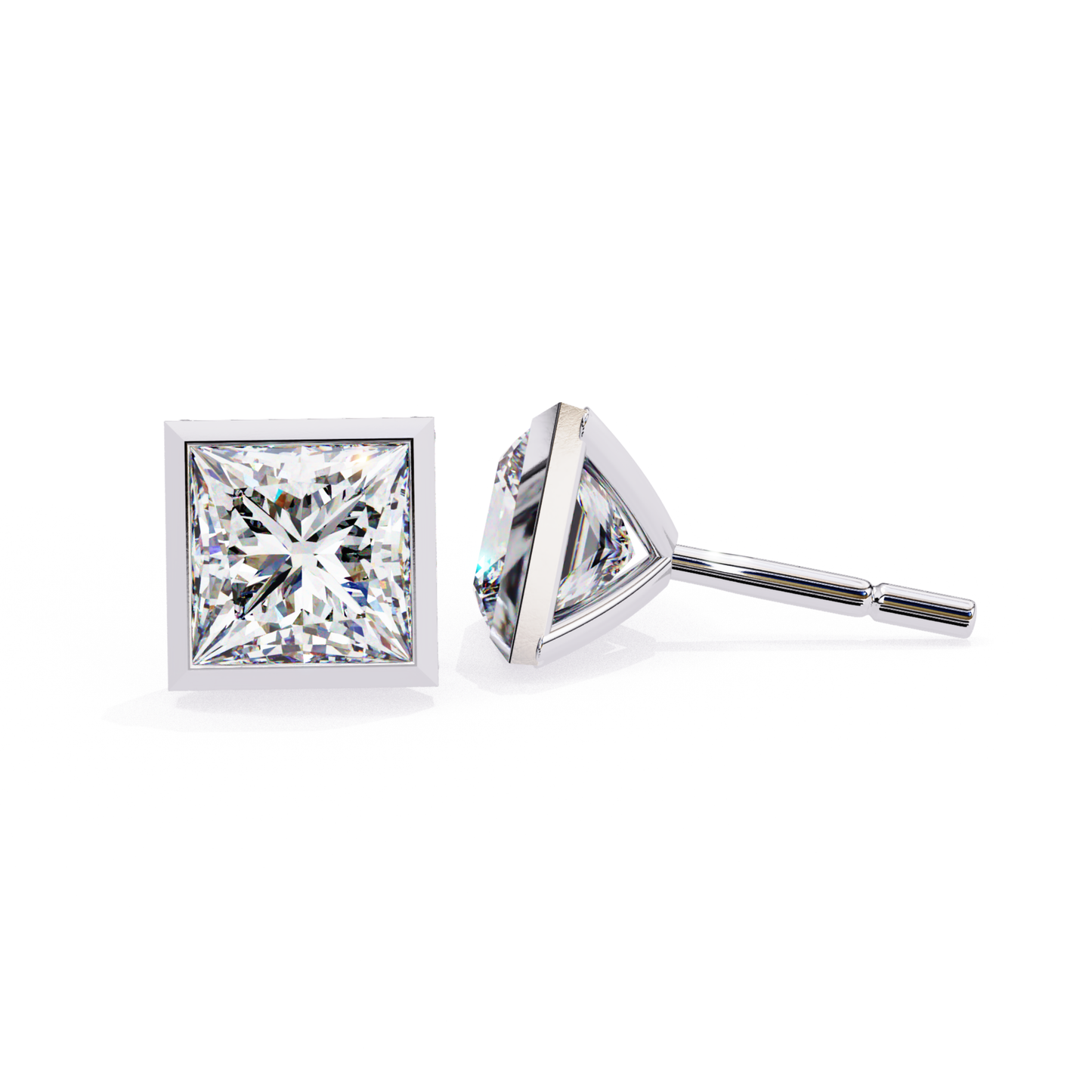 Elegant white gold stud earrings with a brilliant princess-cut diamond at the center, framed by a square setting for a refined and sparkling appearance.