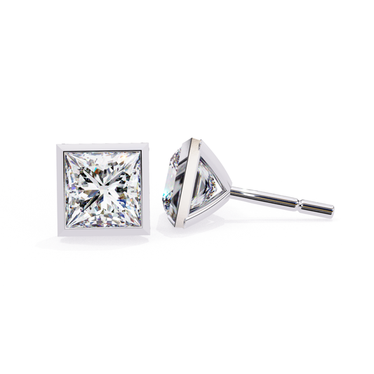 Elegant white gold stud earrings with a brilliant princess-cut diamond at the center, framed by a square setting for a refined and sparkling appearance.