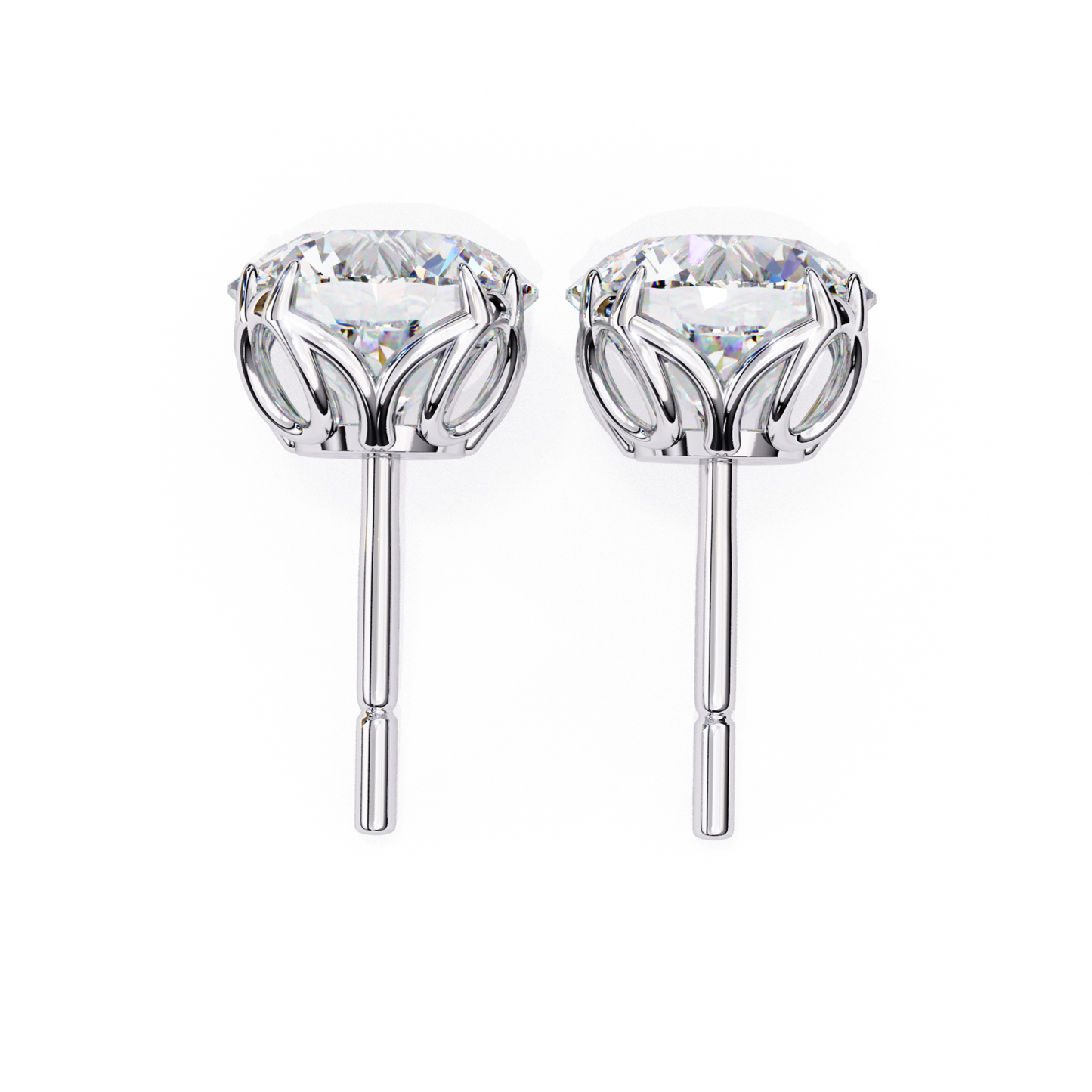 White gold round diamond stud earring showing basket setting