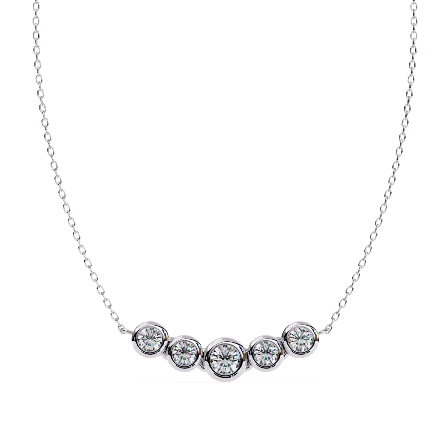 Round cut diamonds set in bezel joints on white gold necklace