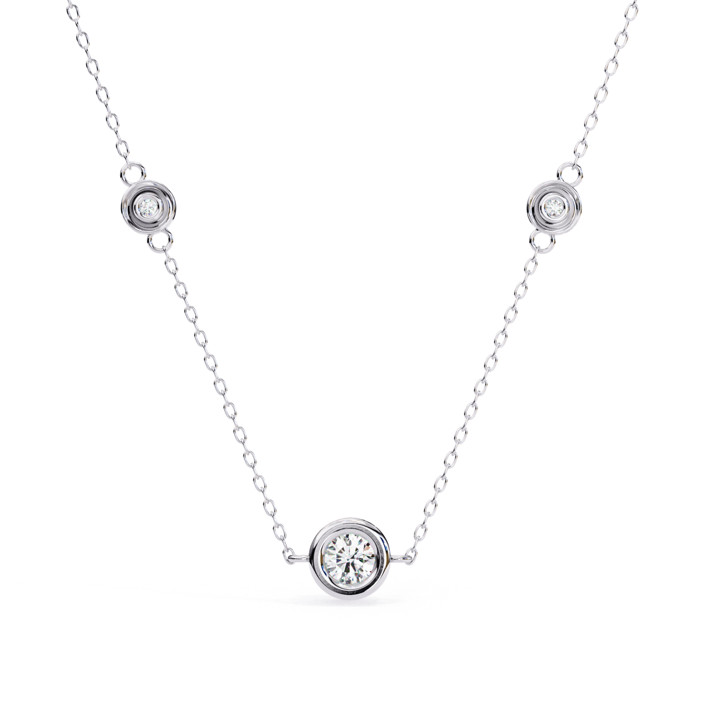 White gold station necklace with round bezel diamonds