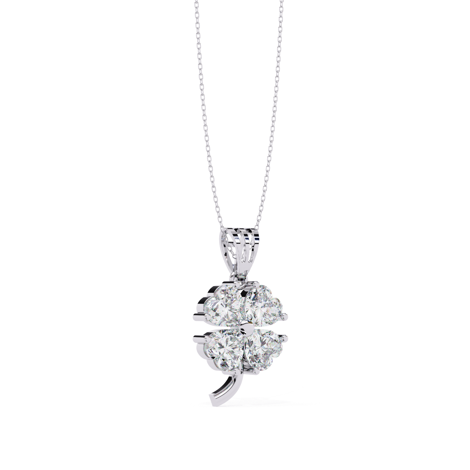 White gold flower necklace with round diamonds side view