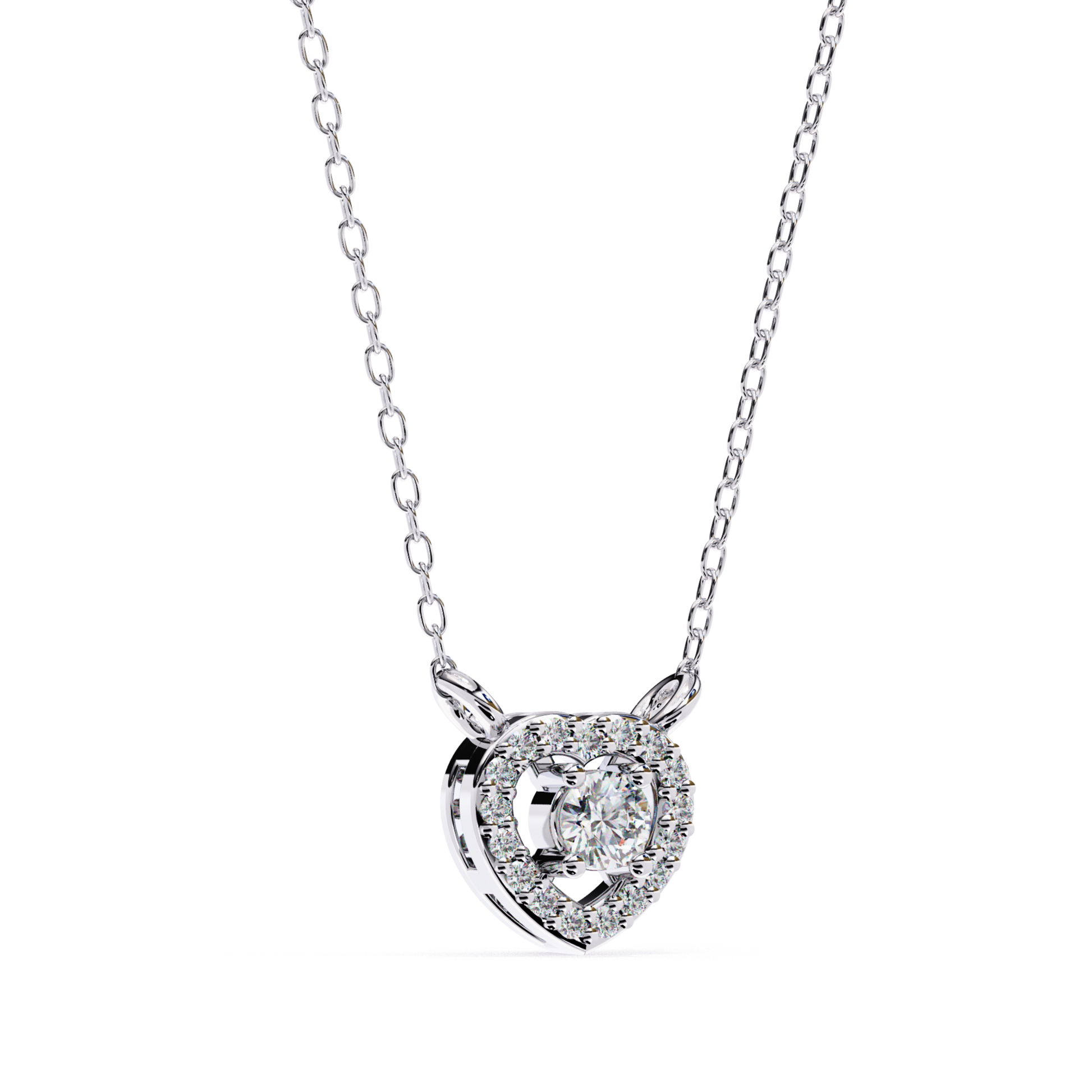White gold necklace with a delicate chain and a heart pendant set with a round-cut center stone and small accent diamonds.