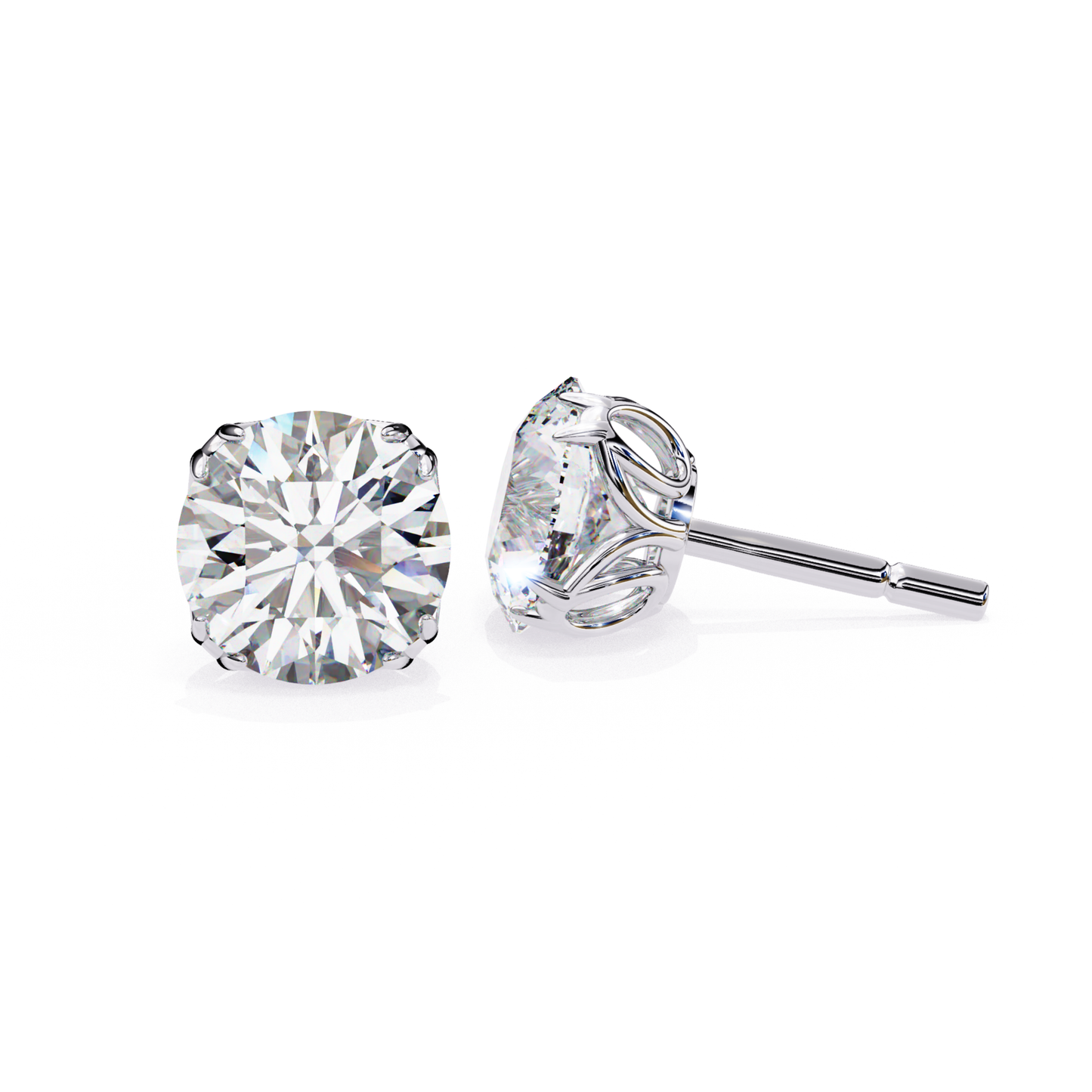 White gold round diamond solitaire stud earring showing side basket