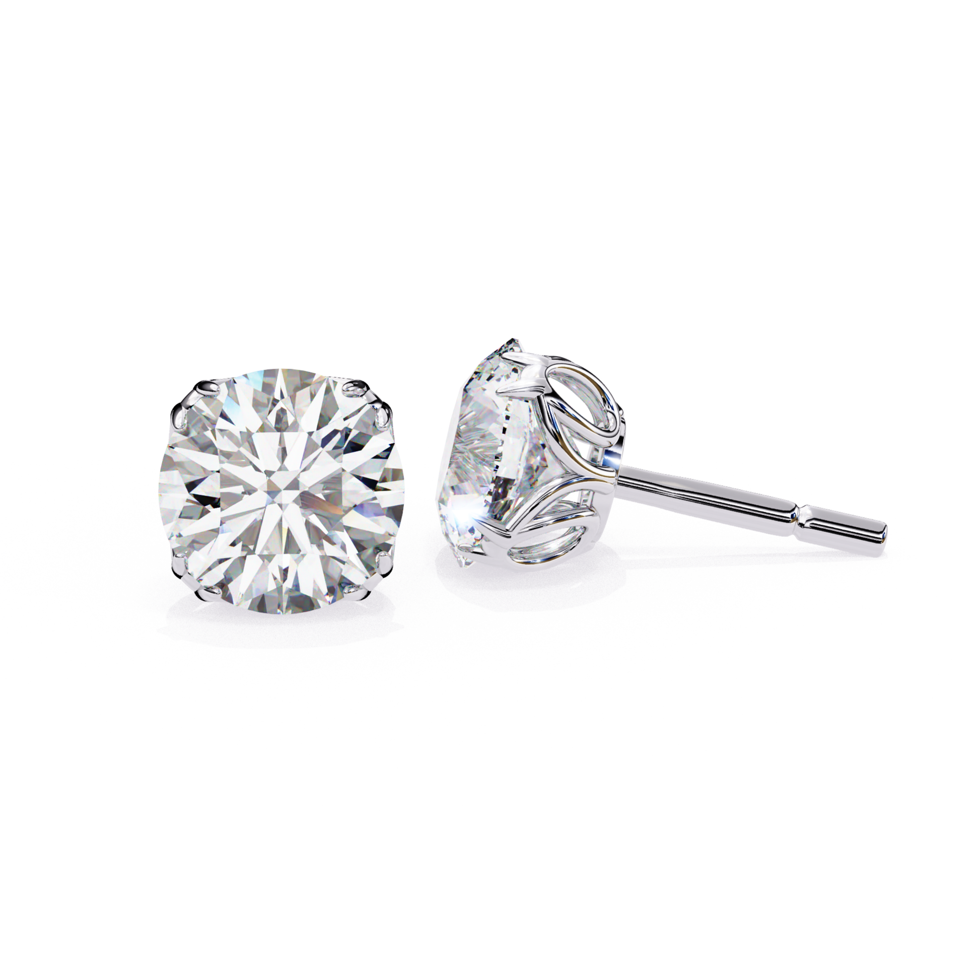 White gold round diamond solitaire stud earring showing side basket