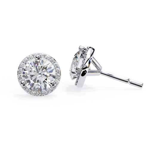 White gold round diamond stud earrings with halo border