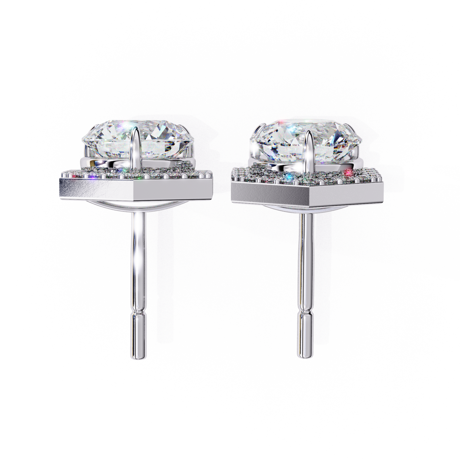 Sophisticated white gold square halo earrings with a brilliant round-cut diamond, encircled by a delicate halo of diamonds, offering a modern and elegant look.
