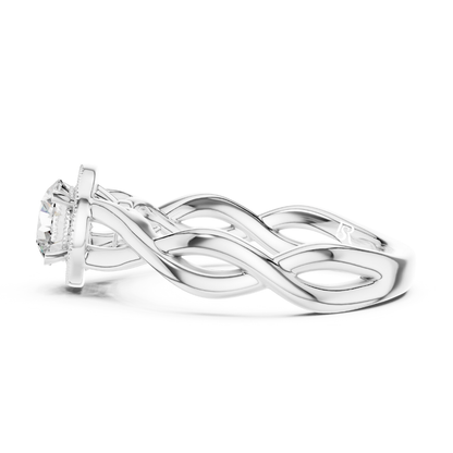 White gold braided band diamond ring side view
Braided white gold ring with round diamond setting
Side profile white gold halo diamond ring
White gold twisted band ring with center diamond
Braided design white gold diamond ring close view
White gold ring with woven band detail
Round diamond halo ring in white gold band
White gold braided ring showing side angle
Elegant white gold diamond ring band detail
White gold halo diamond ring side design