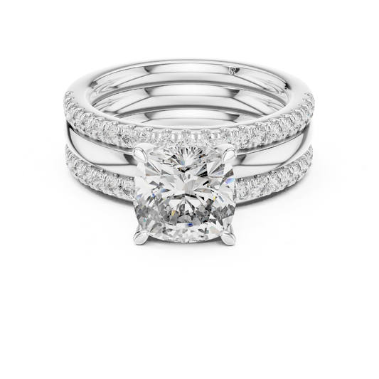 White gold cushion cut diamond bridal ring set
Cushion cut diamond engagement ring set
White gold diamond wedding ring stack
Cushion solitaire ring with diamond bands
White gold bridal set with round diamonds
Luxury cushion cut diamond ring set
Diamond engagement ring with matching bands
White gold cushion diamond wedding set
Elegant bridal ring stack with Pave diamonds
Cushion cut solitaire diamond ring in white gold