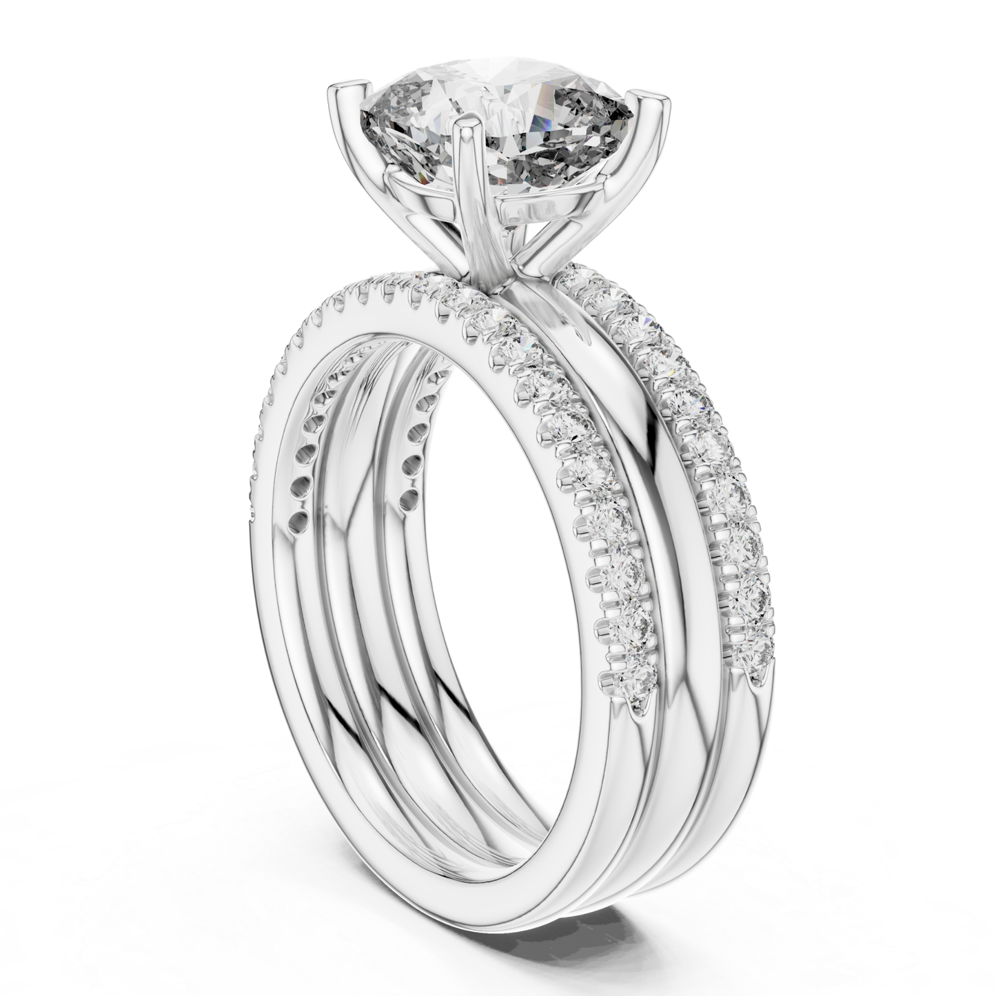 White gold cushion cut diamond layered engagement ring
Side view cushion cut diamond pave ring
White gold layered band diamond ring
Cushion cut solitaire ring with pave accents
Multi band white gold diamond engagement ring
Cushion diamond ring with curved layered shank
White gold pave diamond stacked ring
Cushion cut diamond ring side profile view
Layered white gold bridal ring with diamonds
Pave diamond cushion cut engagement ring