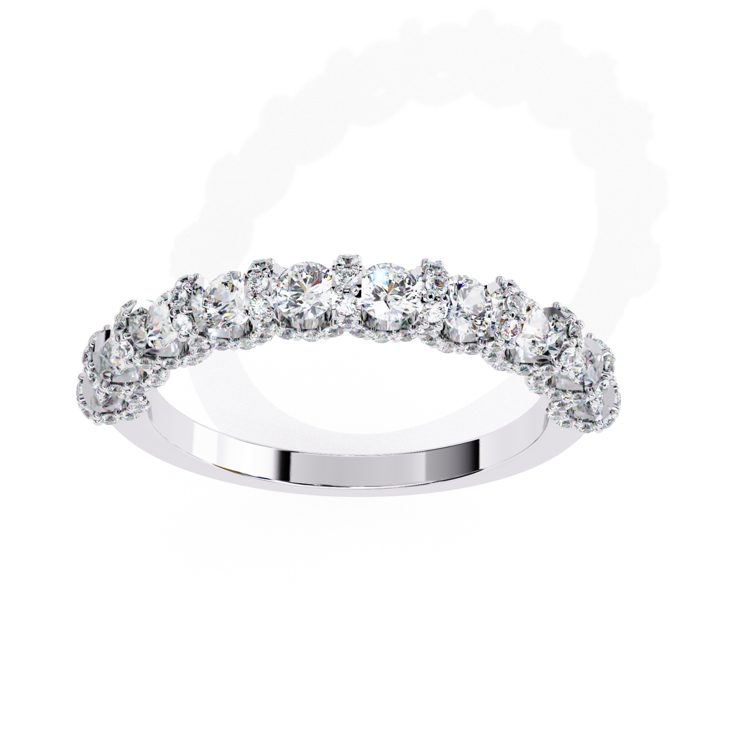 White gold diamond cluster half band
White gold ring with clustered diamonds
Diamond cluster white gold band
White gold diamond band front view
Cluster diamond white gold ring
White gold band with diamond clusters
Diamond set white gold half band
White gold ring clustered diamond row
Polished white gold cluster band
White gold diamond cluster ring