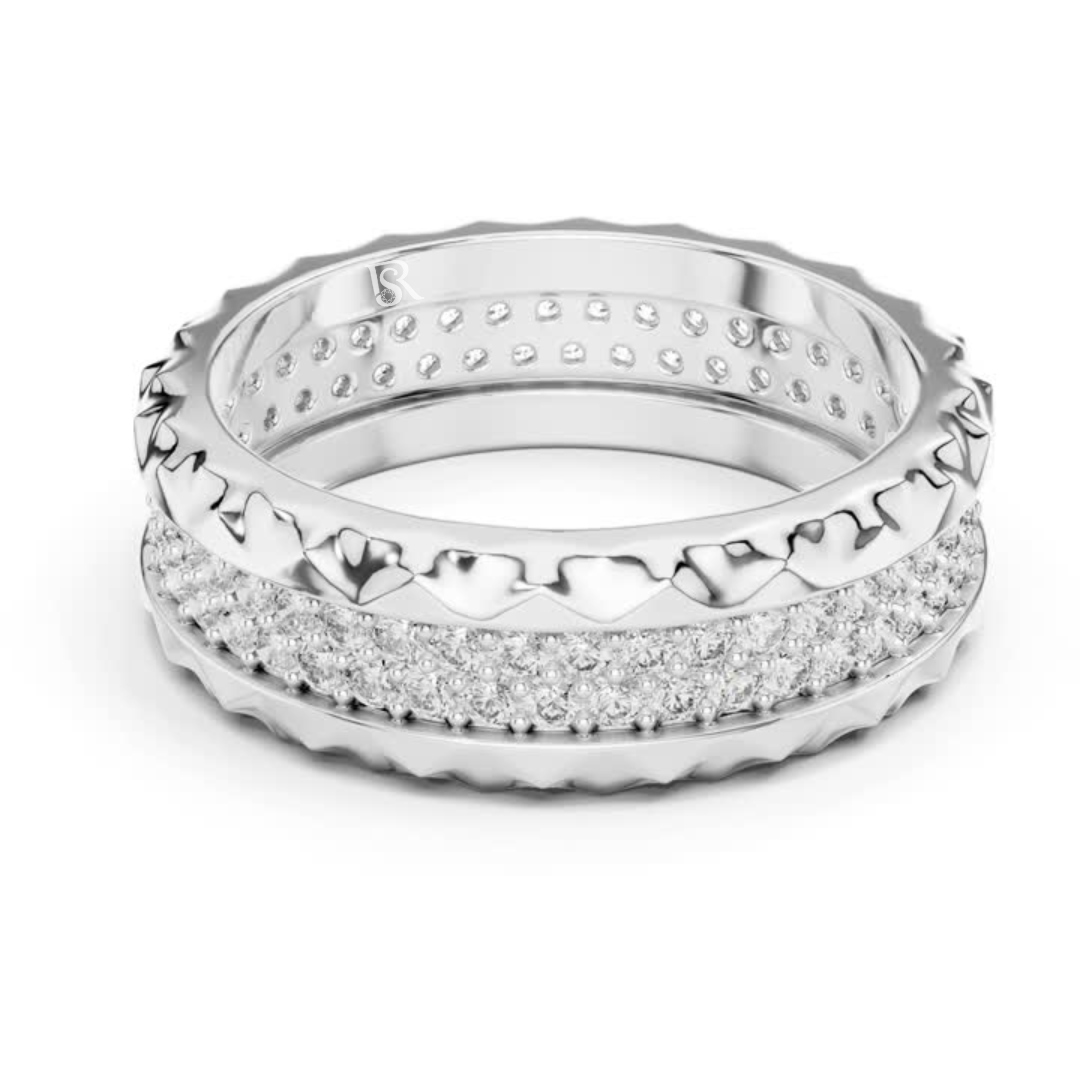 White gold diamond eternity ring with double pave rows
Round diamond eternity band in polished white gold
White gold wedding band with layered diamond setting
Modern white gold ring with shimmering round diamonds
Double row diamond band with textured white gold edges
Luxury white gold eternity ring with pave diamonds
Wide white gold diamond band with carved pattern detail
Elegant white gold ring with continuous diamond rows
White gold anniversary band with round cut diamonds
Statement white gold diamond rin