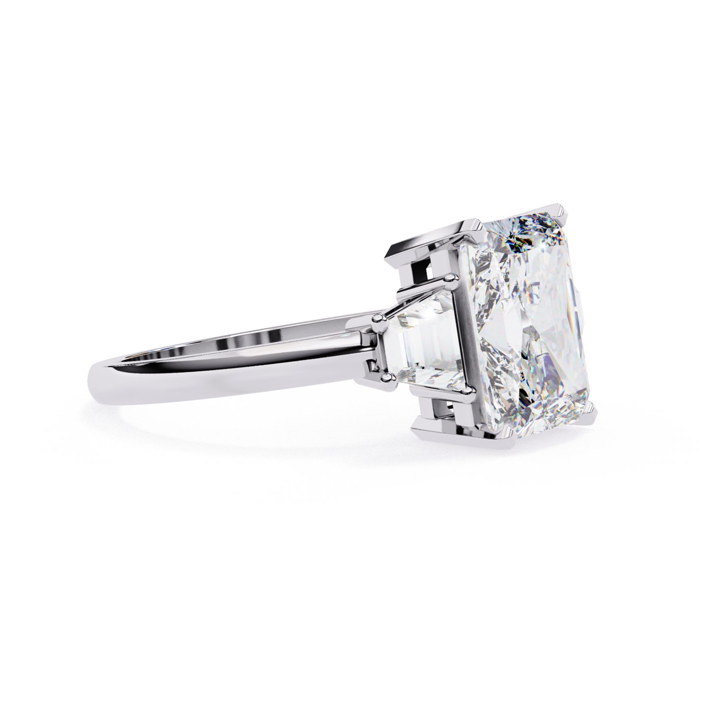 Emerald cut profile
White gold ring side
Emerald stone angle
Side setting view
White gold shank
Emerald mount detail
Side prong look
Clean band profile
Stone side angle
White gold setting
