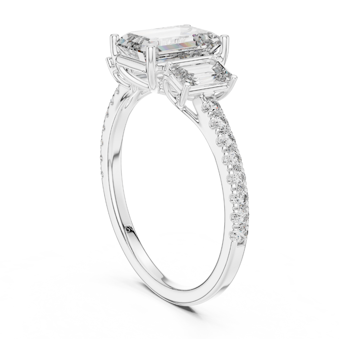 Back view of emerald cut three stone diamond ring in white gold
White gold emerald diamond ring with pave band back angle
Emerald cut diamond engagement ring rear profile
Three stone emerald diamond ring back view in white gold
White gold ring with emerald cut diamonds rear view
Emerald cut lab diamond ring with pave band back profile
Minimal white gold emerald diamond ring back angle
Rear view of three stone diamond ring with pave band
Classic emerald cut engagement ring in white gold back view
White gold 