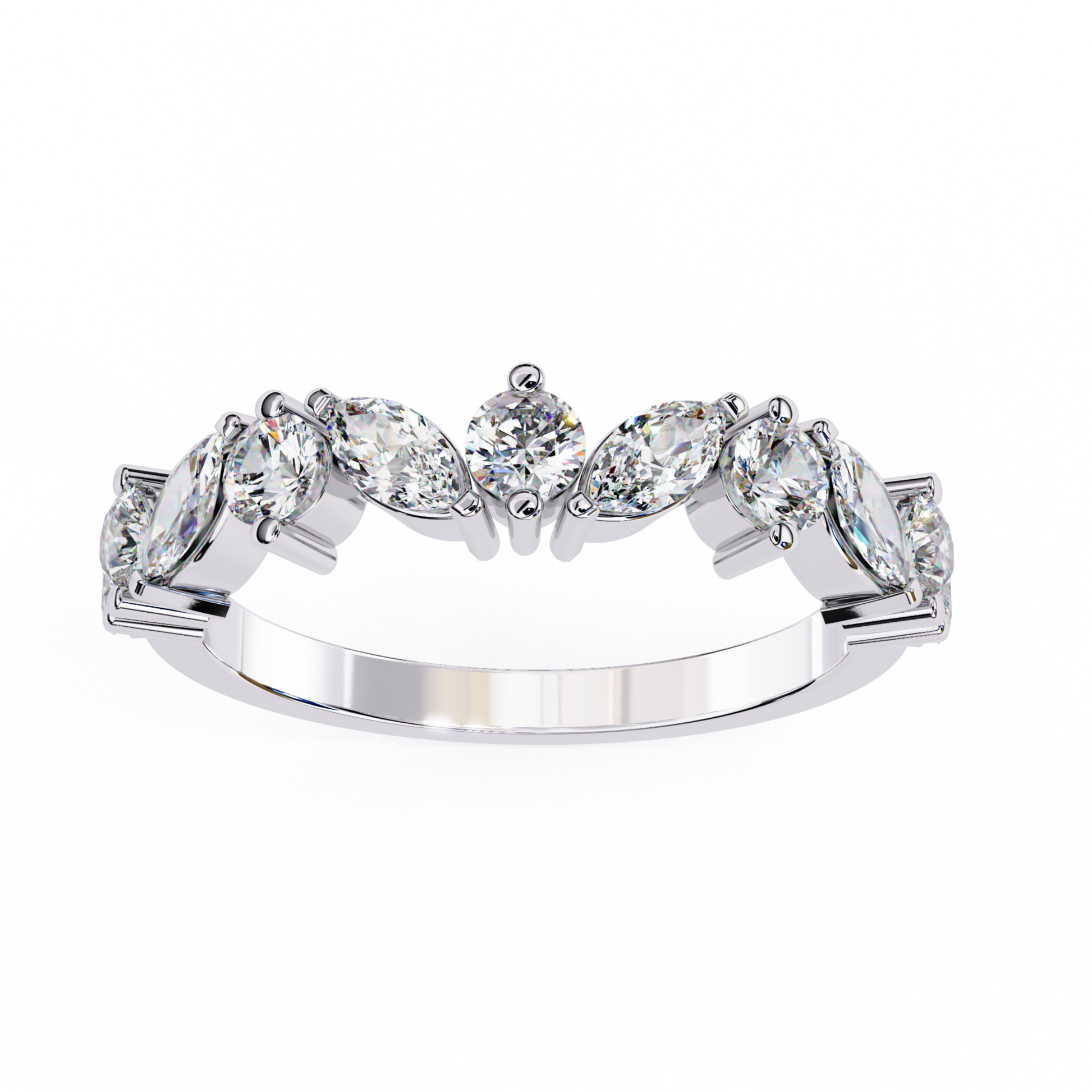White gold diamond ring front
Marquise and round diamond band
Diamond curve ring front view
White gold diamond arc band
Marquise center diamond ring
Round diamond cluster band
White gold mixed diamond ring
Diamond crown style band
Marquise diamond front setting
White gold diamond top view