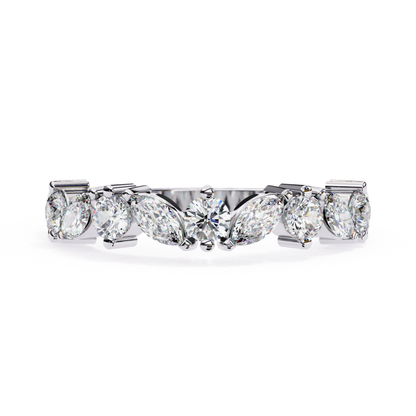 Front diamond band
Marquise stone row
White gold band view
Prong set diamonds
Mixed cut stone line
Top band view
Diamond row close
Center marquise view
White metal ring
Stone setting front