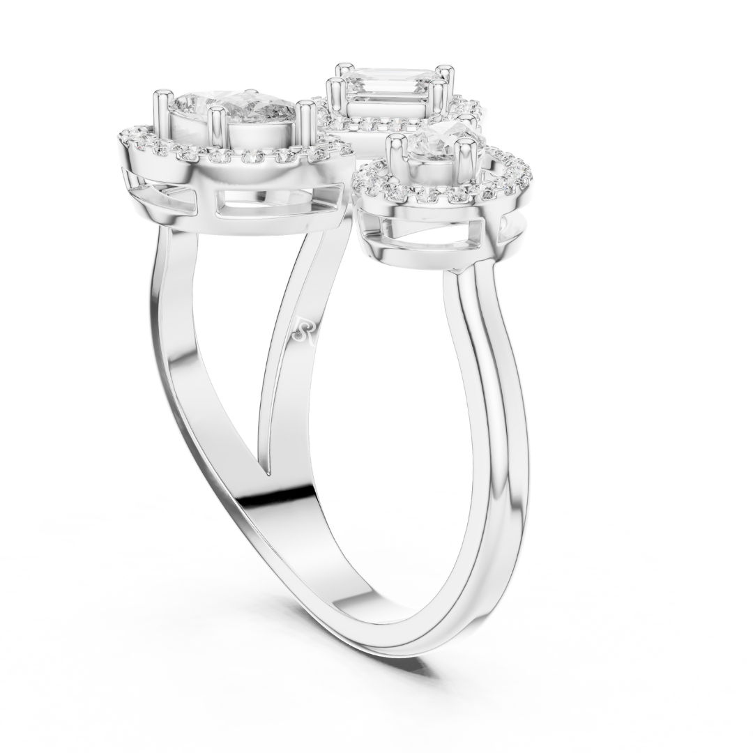 White gold multi shape halo diamond ring
White gold statement ring with halo diamonds
Multi stone diamond ring in white gold
White gold ring with pear and emerald diamonds
Designer halo diamond ring with split band
Luxury white gold multi diamond ring
Elegant mixed shape diamond halo ring
White gold open style statement ring
Modern halo diamond ring with split shank
White gold ring with pear marquise diamonds