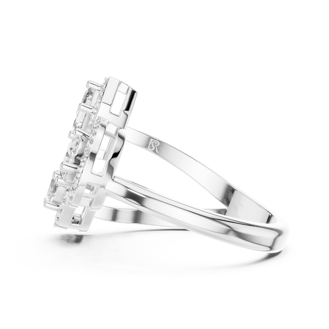 Side profile white gold multi shape diamond halo ring
White gold halo diamond ring with split band
Multi shape diamond halo ring in white gold
Elegant white gold open style halo ring
Emerald and marquise diamond ring side view
Modern white gold statement halo diamond ring
Luxury white gold multi stone diamond ring
White gold designer ring with halo detailing
Contemporary split shank diamond halo ring
White gold ring with emerald and pear halo diamonds
