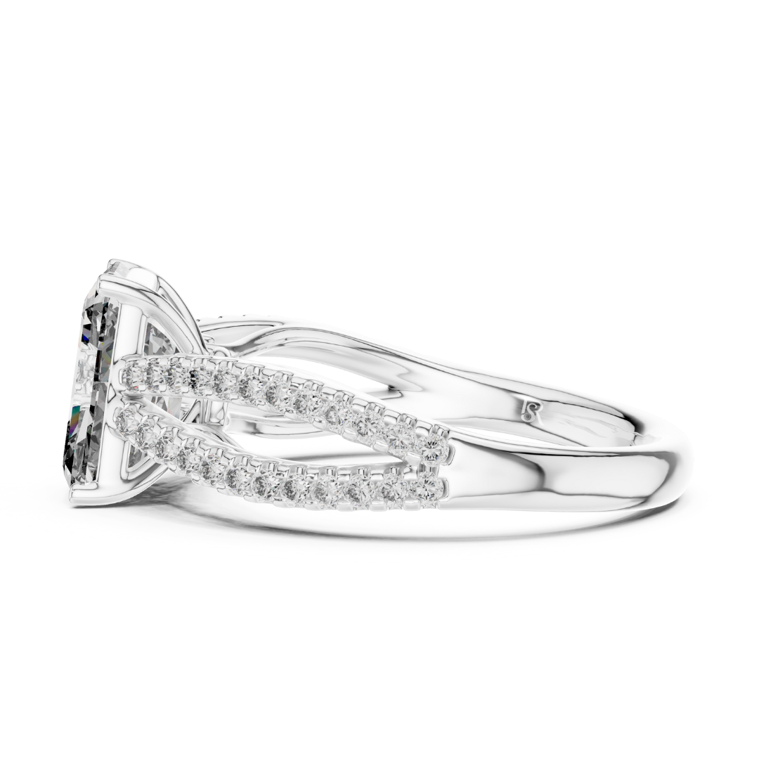 White gold radiant diamond ring with split shank side view
Side profile radiant cut diamond ring in white gold
White gold engagement ring with double pave split band
Radiant cut diamond side angle ring with pave detailing
White gold radiant diamond bridal ring side profile
Split shank radiant diamond ring with polished white gold band
White gold side view ring with radiant center stone
Elegant radiant diamond ring with curved split shank
White gold radiant diamond ring with pave accents
Luxury radiant cut d