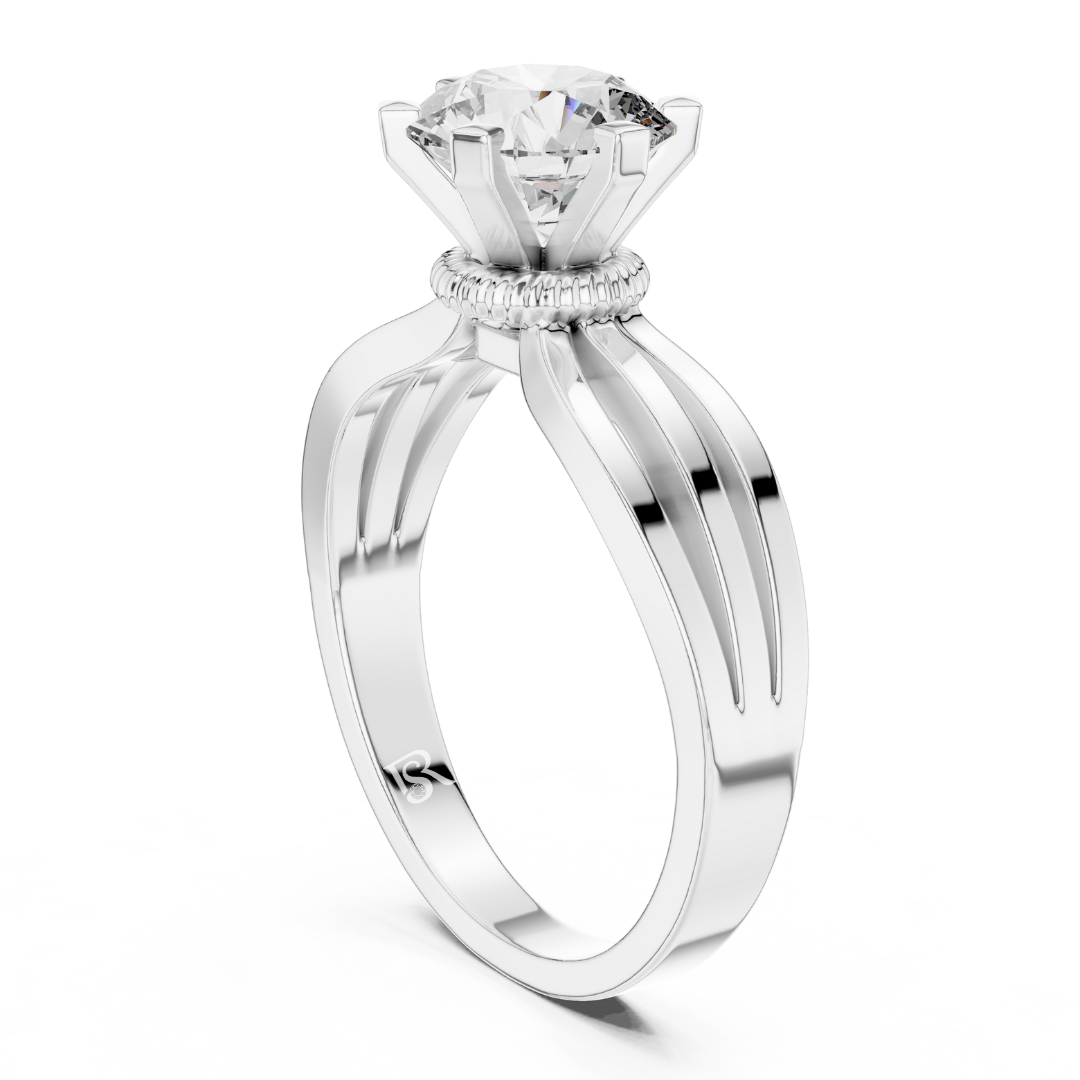 White gold solitaire ring with split shank design
Diamond solitaire ring white gold curved band
Side view white gold engagement ring with diamond
Classic diamond ring split shank white gold style
Round diamond solitaire ring white gold setting
Elegant white gold ring with raised diamond head
Luxury diamond solitaire ring split band design
White gold engagement ring with smooth split shank
Diamond ring side angle white gold metal finish
Minimal white gold solitaire ring open shank detail