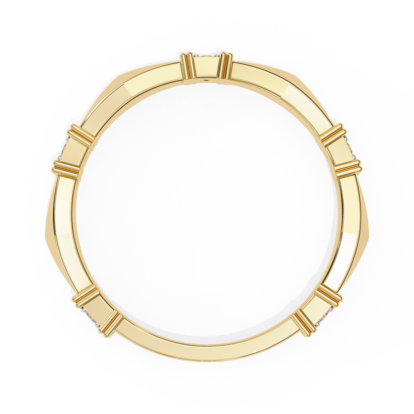 Yellow gold band with round and square diamonds.