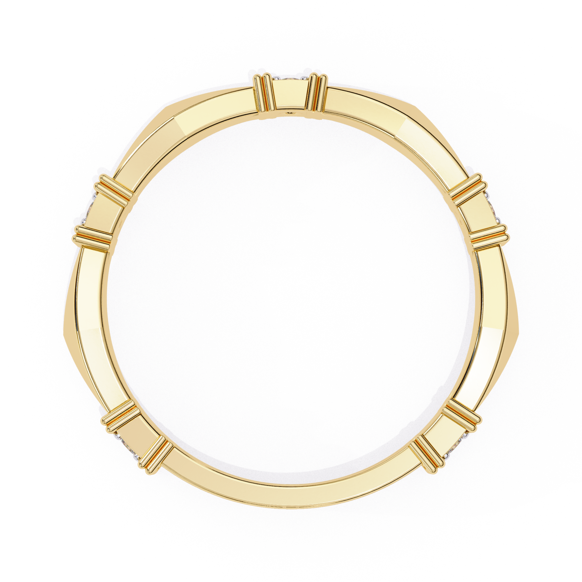 Yellow gold band with round and square diamonds.