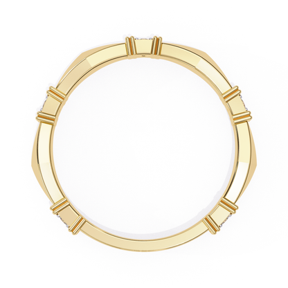 Yellow gold band with round and square diamonds.