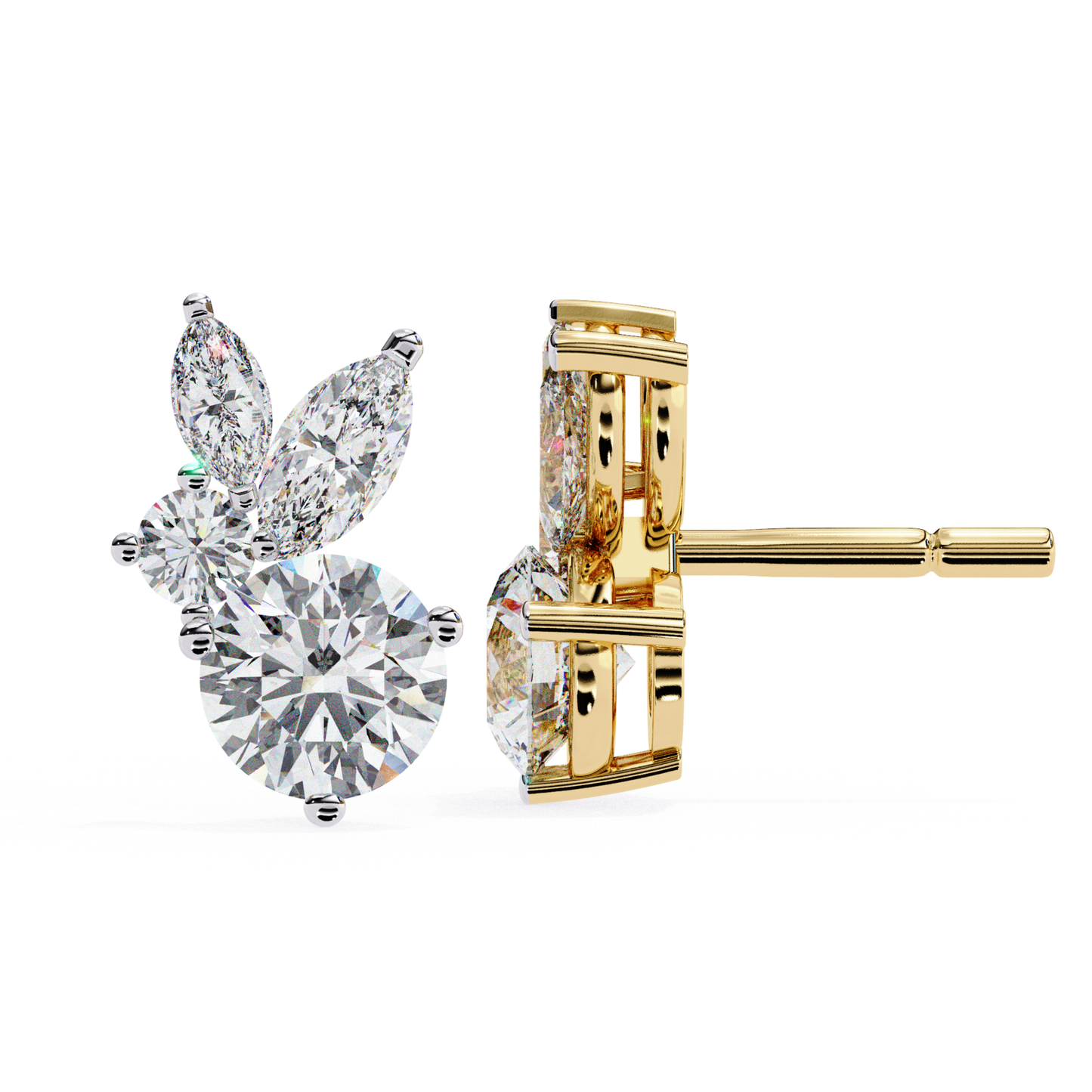 Elegant yellow gold stud earrings featuring a stunning round diamond, surrounded by marquise diamonds for a sophisticated, timeless design.