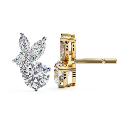 Elegant yellow gold stud earrings featuring a stunning round diamond, surrounded by marquise diamonds for a sophisticated, timeless design.