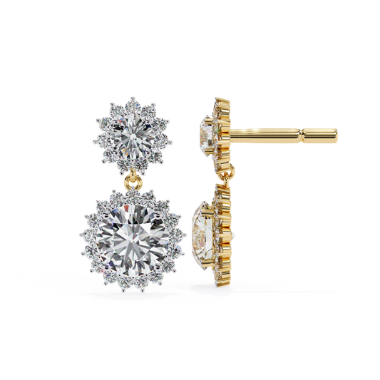 Radiant yellow gold drop earrings featuring a sparkling round-cut diamond in the center, surrounded by a halo of smaller diamonds for an exquisite and elegant design.