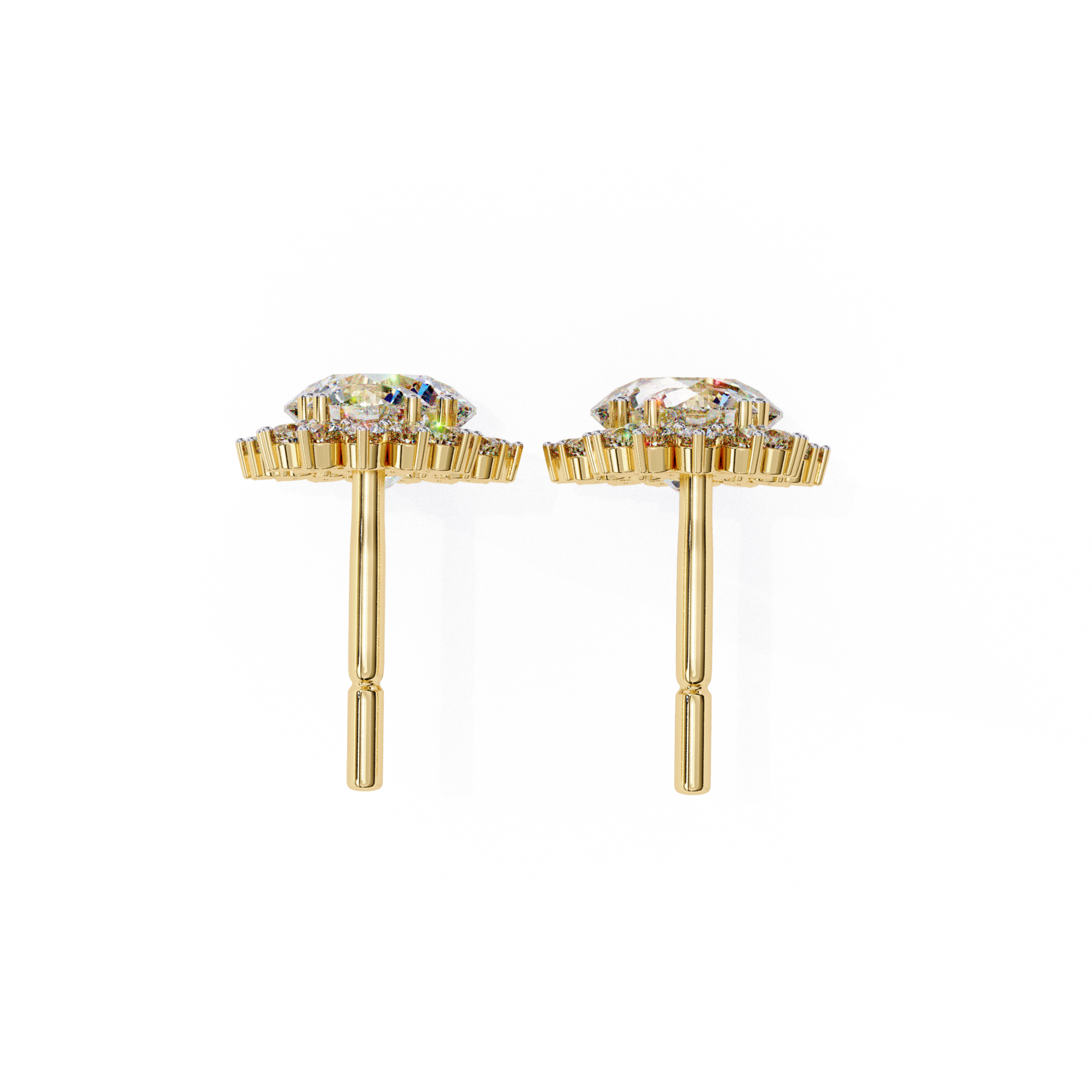 Elegant yellow-gold stud earrings with a sparkling diamond halo design