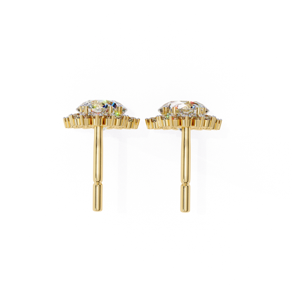 Elegant yellow-gold stud earrings with a sparkling diamond halo design