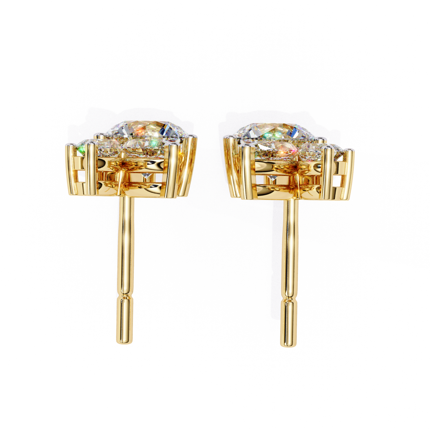 Stunning yellow gold pave stud earrings featuring a radiant round diamond, surrounded by smaller brilliant diamonds in a luxurious, polished setting.