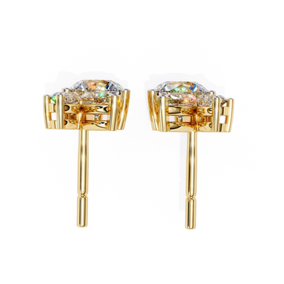 Stunning yellow gold pave stud earrings featuring a radiant round diamond, surrounded by smaller brilliant diamonds in a luxurious, polished setting.