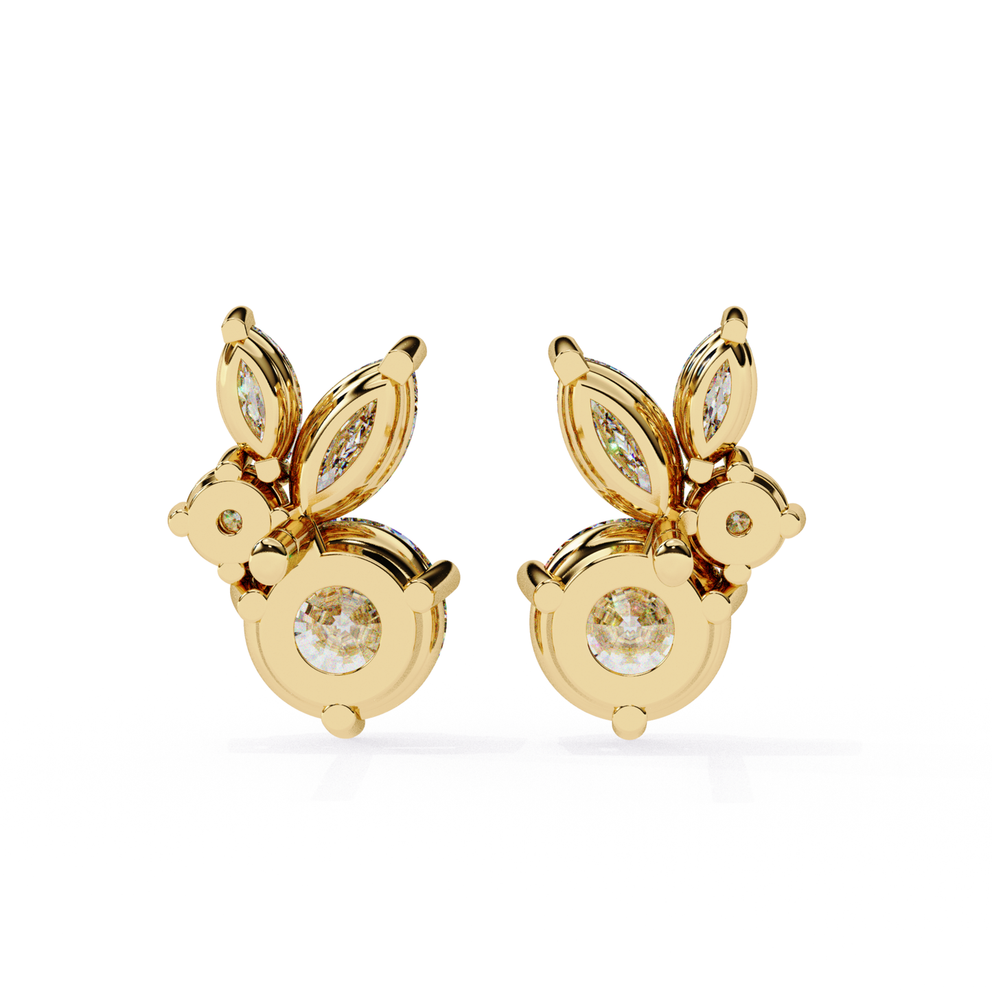 Charming yellow gold stud earrings featuring a central round diamond, surrounded by marquise diamonds arranged in a delicate petal-like formation for an elegant and eye-catching design.