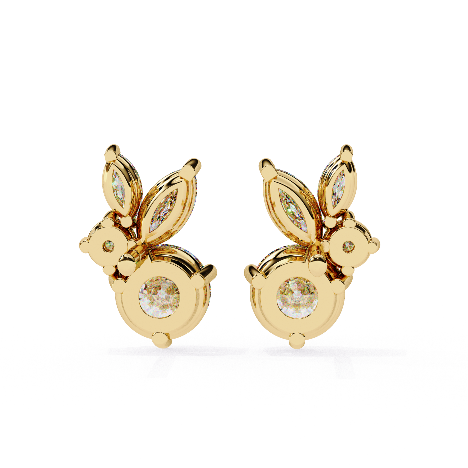 Charming yellow gold stud earrings featuring a central round diamond, surrounded by marquise diamonds arranged in a delicate petal-like formation for an elegant and eye-catching design.