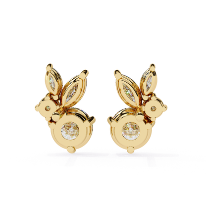 Charming yellow gold stud earrings featuring a central round diamond, surrounded by marquise diamonds arranged in a delicate petal-like formation for an elegant and eye-catching design.